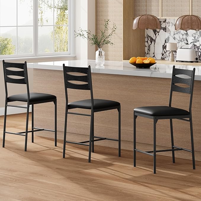 GarveeHome Bar Stools Set of 2, Wooden Barstools, Faux Leather Upholstered Bar Chair with Back & Footrest & Thick Cushion, Counter Height Bar Stools for Kitchen Island Apartment, Black