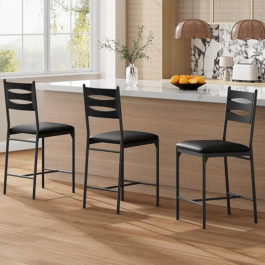 GarveeHome Bar Stools Set of 2, Wooden Barstools, Faux Leather Upholstered Bar Chair with Back & Footrest & Thick Cushion, Counter Height Bar Stools for Kitchen Island Apartment, Black