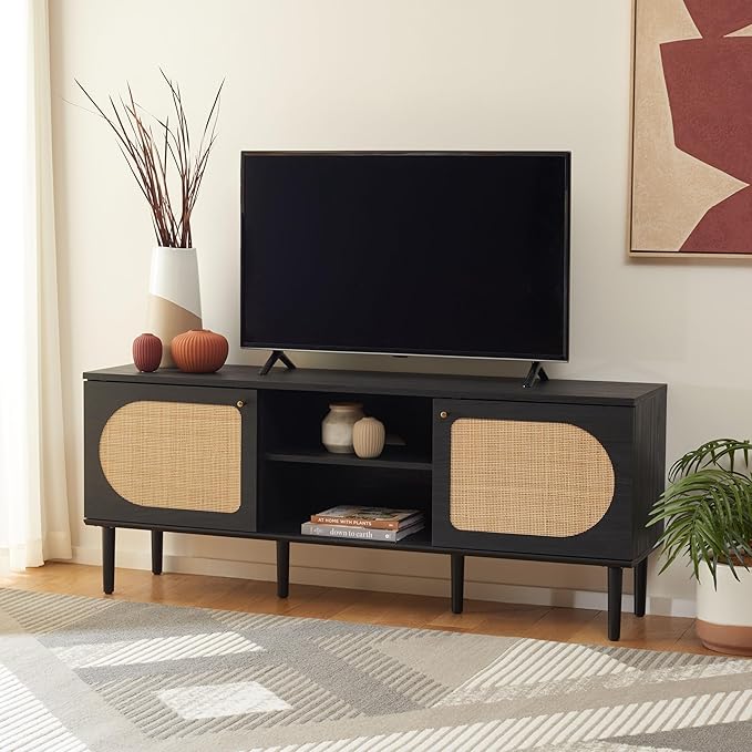 SAFAVIEH Claude TV Stand for up to 65" Flatscreen – Black, 2 Sliding Doors with Interior Storage, 2 Open Shelves, Entertainment Media Console (MED9610B)