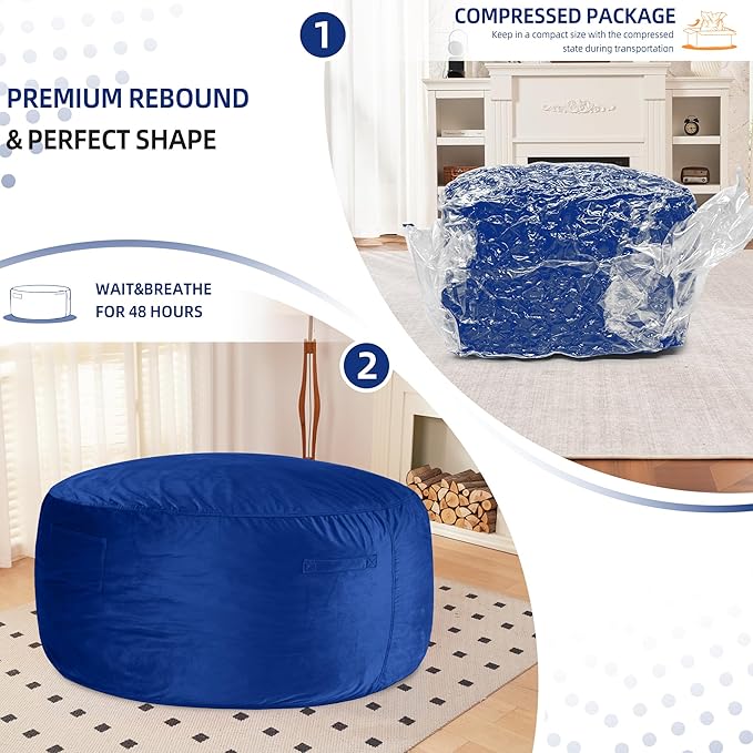 HABUTWAY Bean Bag Chair 3Ft Luxurious Velvet Ultra Soft Fur with High Rebound Memory Foam Bean Bag Chairs for Adults Plush Lazy Sofa with Fluffy Removable Sponge 3' (Blue)