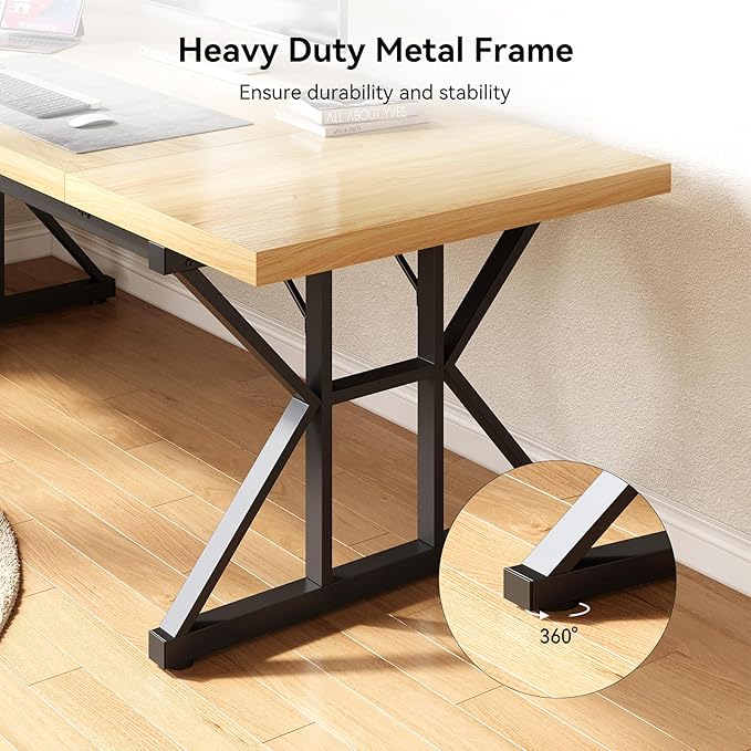 LITTLE TREE 70.8-Inch Large Executive Desk, Modern Computer Office Desk, Wooden Writing Desk Study Table for Home Office, Light Walnut-Black