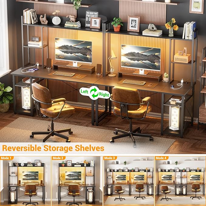 Cyclysio Gaming Desk with Hutch, 47'' Computer Desk with LED Lights & Power Outlets, Home Office Desk with Reversible 5 Tiers Storage Shelves & Monitor Stand, Small Gaming Table for Small Space, Black