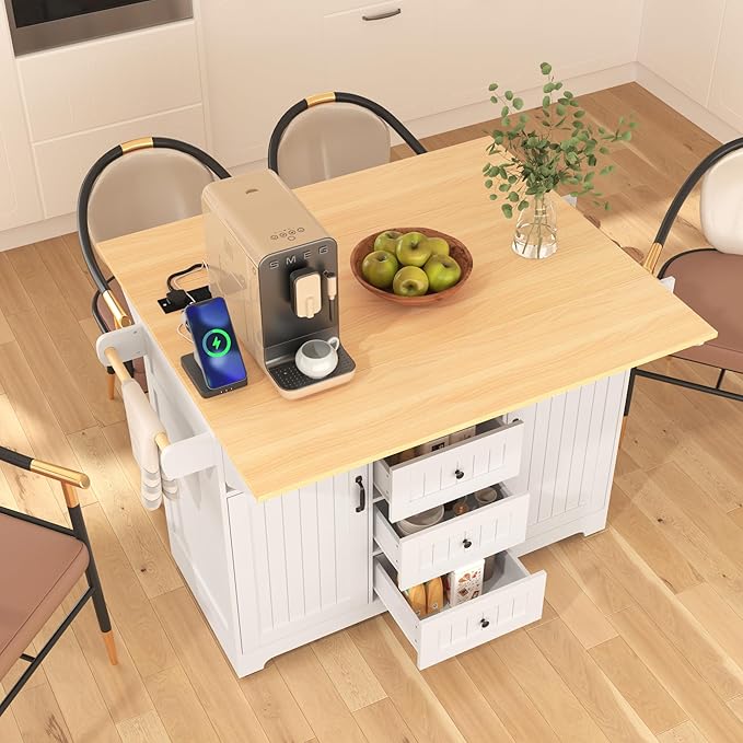 56" Large Kitchen Island with 2 Drop Leafs,Rolling Kitchen Cart on 5 Wheels W/Power Outlet & 3 Drawers,Folding Storage Dining Table W/Spice & Towel Racks,for Kitchen,Dining Room,White