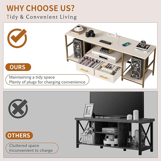 TV Stand for 75 Inch TV, TV Stands for Living Room with 2 Storage Drawers, Entertainment Center with Power Outlets, TV Stand for Bedroom, Television Stands, White/Gold