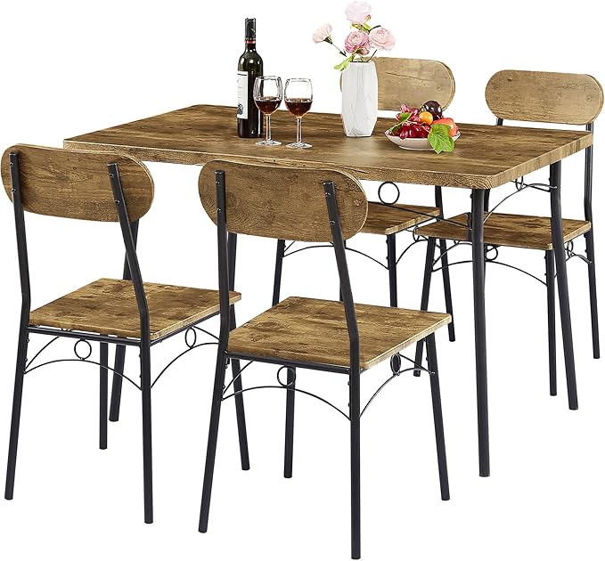 VECELO Kitchen Table Chairs Set for 4, 5 Piece Wood Dining Room Table with 4 Chairs, Perfect for Small Spaces, Compact Kitchen, Breakfast Nook, Brown