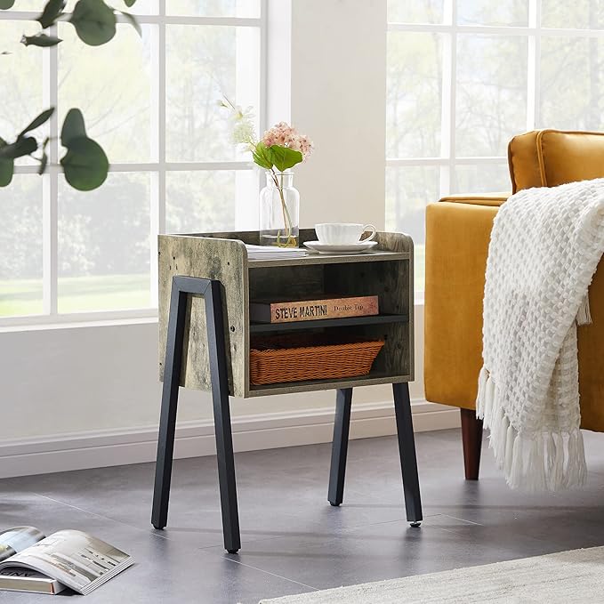 VECELO Night Stand Industrial End Table,Bedside Table with 2-Tier Open Storage Compartments for Bedroom, Living Room and Small Spaces