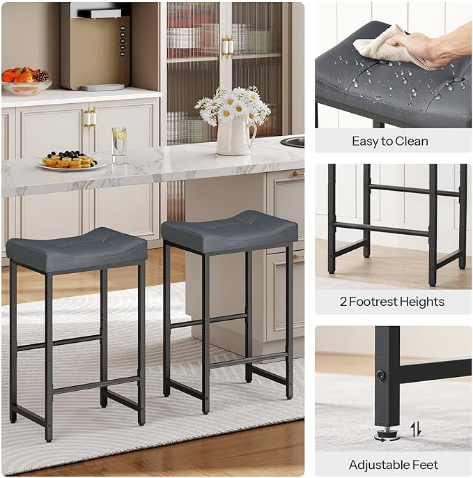 HOOBRO Barstools,25.4" Saddle Stools with PU Upholstery, Counter Height Stools with Footrest, Kitchen Breakfast Chairs, for Dining Room, Cafe, Bar, Gray and Black BGZ23BY01