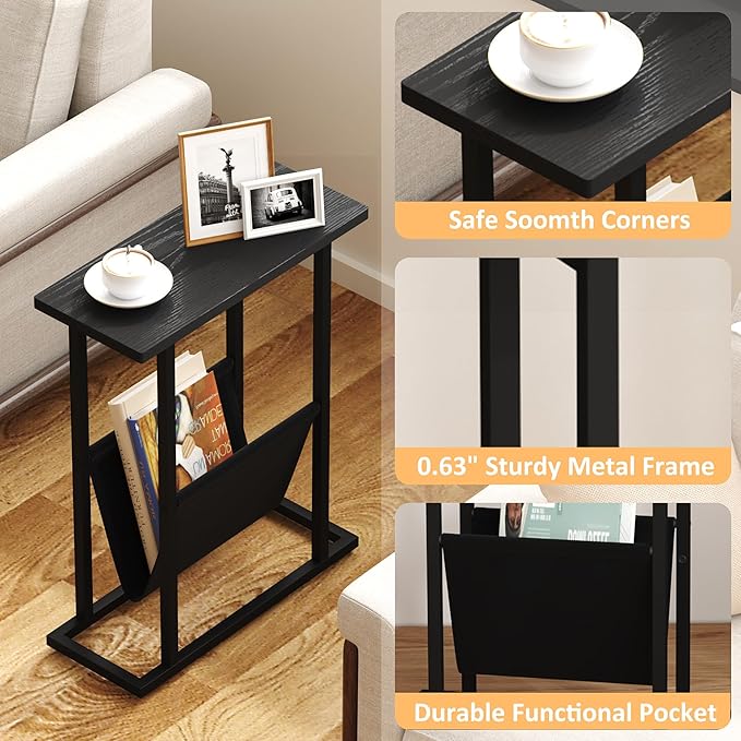 Yusong Narrow Side Table for Small Spaces, Small End Table Set of 2 with Magazine Holder, Skinny Slim Little Thin Table for Living Room, Bedroom, Sofa, Black Oak