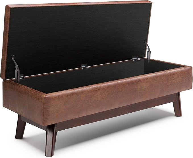 SIMPLIHOME Owen 48 inch Wide Mid Century Modern Rectangle Rectangular Storage Ottoman in Distressed Saddle Brown Vegan Faux Leather, Assembled, for the Living Room, Entryway and Family Room