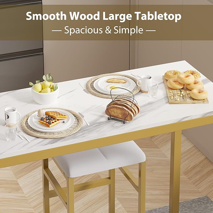 VECELO Bar Table and Chairs Set for 2, 3-Piece Dining Set with Storage Shelves, Cup Holder & Wine Rack, PU Leather Cushion Stools, for Kitchen Small Space, Gold