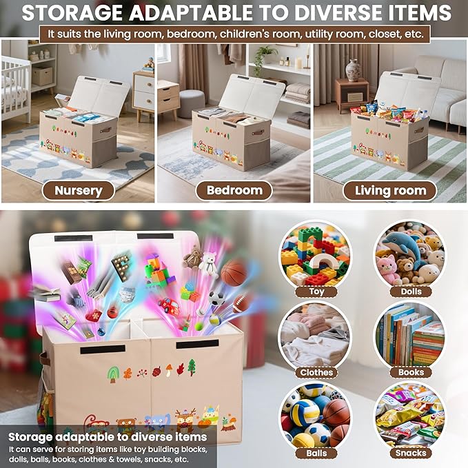 80L Large Toy Storage Box with Lid, Large Toy Box Chest for Kids, Girls and Boys, Nursery Room and Living Room, 26"x13" x16" (Dark Khaki-animal)