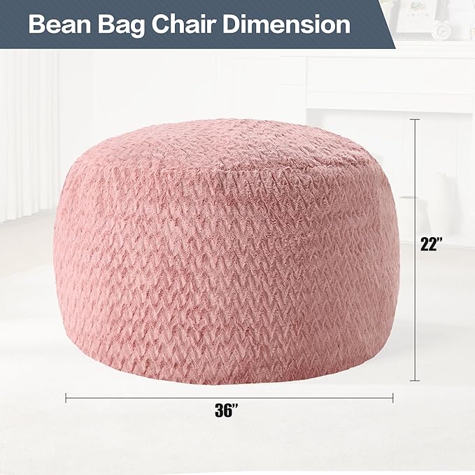 3ft Bean Bag Chairs for Adults Large Beanbag Chair with Chevron Plush Fur Cover Big Bean Bag Chair for Living Room Bedroom Dorm (Pink)