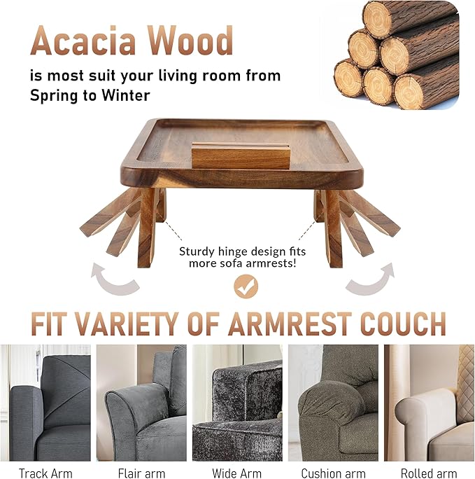 SINWANT Couch Arm Table, Acacia Wood Sofa Arm Rest Tables Couch Armrest Table with 360° Phone Holder,Portable Sofa Armrest Tray for Drink Snacks