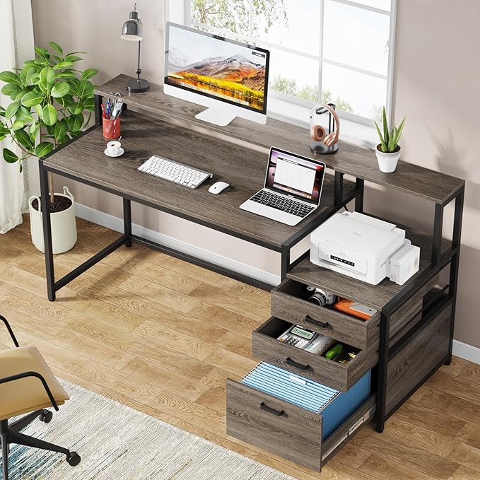 Tribesigns 63 Inch Computer Desk with File Drawer Cabinet, Ergonomic Office Desk with Monitor Stand, Industrial Computer Table with Printer Space, Wood PC Table Workstation Desk for Home Office