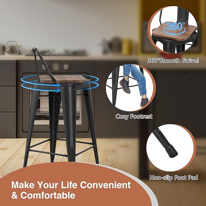 30 Inch Swivel Bar Stools Set of 2 with Backs Counter Height Industrial Metal Barstools Island Bar Chairs for Home Kitchen Dining Room (Swivel 30 inch,Matte Black Wooden)