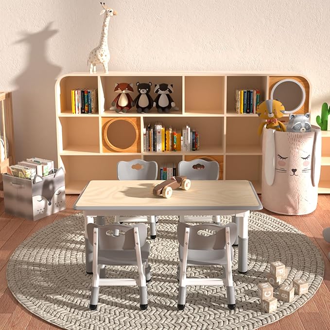 Kids Table and 4 Chairs Set，Height Adjustable Children Table & Chair，Toddlers Study Multi-Activity Table with 47.2"x23.6" Wipe-Clean Desktop，for Classrooms, Homes & Daycares
