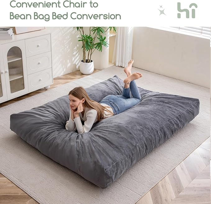 HIGOGOGO Giant Bean Bag Chair Bed for Adults,Convertible Beanbag Folds from Lazy Chair to Floor Mattress Bed,Large Floor Sofa Couch for Adult,Couples,Family,High-Density Foam Filling, Machine Washable