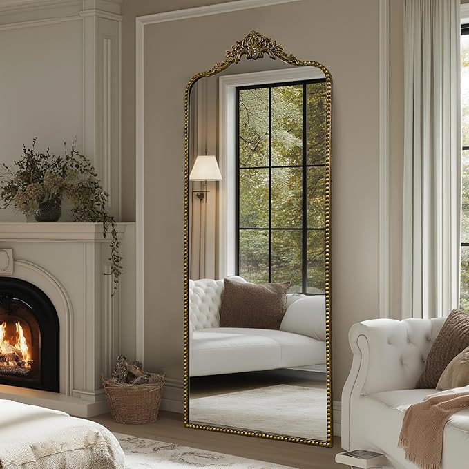 G-LEAF Vintage Baroque Full Length Floor Mirror 75"X30", Victorian Antique Mirror with Brush Black Ornate Metal Frame for Fireplace Entryway Living Room Hallway Bathroom