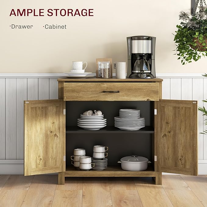 HOMCOM Farmhouse Sideboard Buffet Cabinet, Barn Door Coffee Bar Cabinet with Drawer and Adjustable Shelf, for Living Room, Entryway, Natural Wood