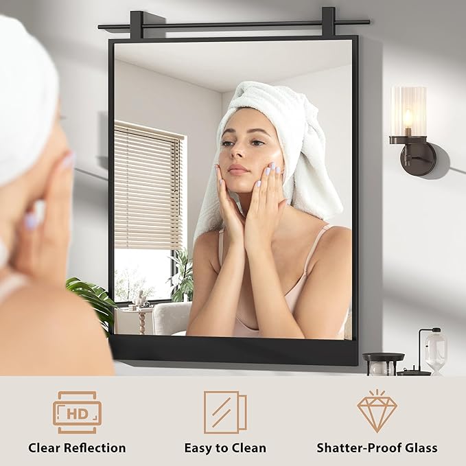 24x32 Inch Rectangle Bathroom Vanity Mirror for Wall Mounted Over Sink Farmhouse Rustic Matte Black Frame Barn Door Mirrors Foyer Entryway Decor