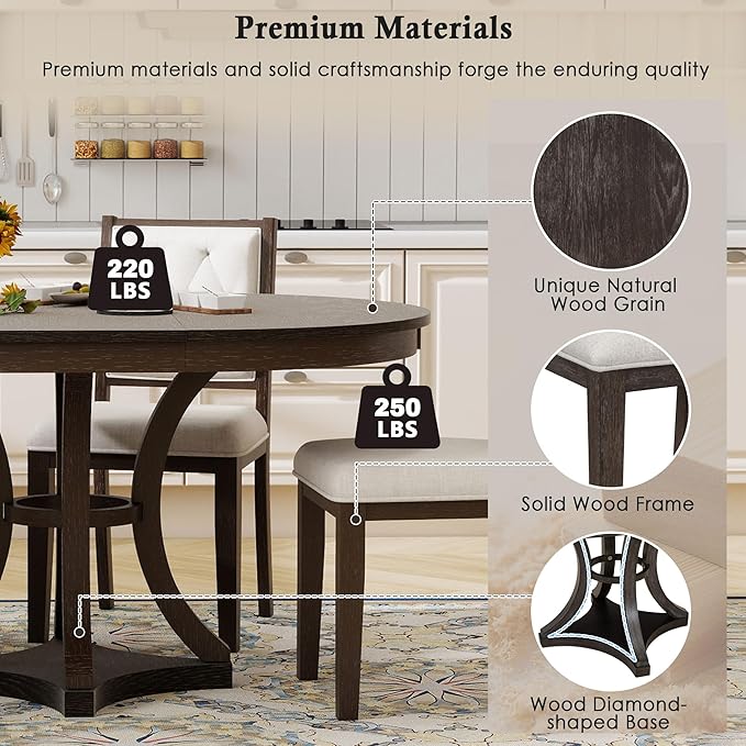Merax 5-Piece Extendable Round Dining Table Set 42"-58" Retro Functional Table and 4 Upholstered Chairs for Dining Room and Living Room (Espresso)