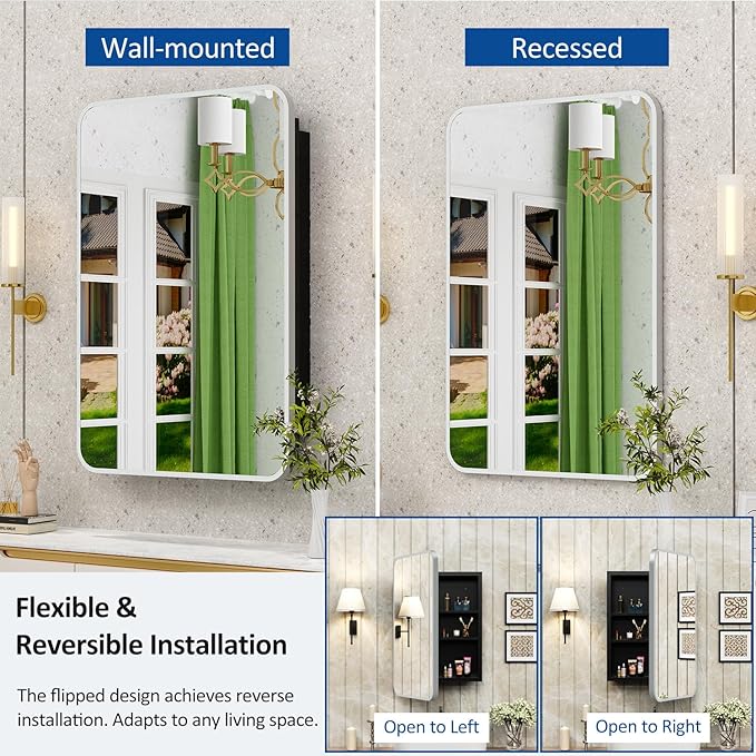 20x28 Inch Brushed Silver Recessed Medicine Cabinet with Mirror Metal Framed Surface Wall Mounted Bathroom Medicine Cabinet Mirror with Storage