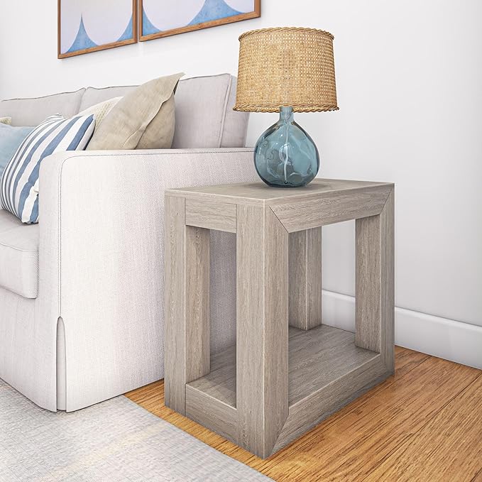 Plank+Beam Modern Rectangular Side Table with Shelf, 25", Solid Wood Narrow End Table for Living Room with Storage, Compact Bedside Table for Small Spaces, Seashell Wirebrush