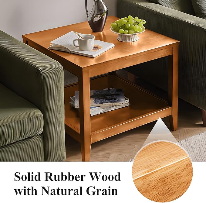 Side Table, Solid Wood Square End Table with Storage Shelf, 2-Tier Coffee Table for Living Room, Rubber Wood Small Sofa Table, Nightstand 23.62 H x 23.62 W x 23.62 D Inches (Natural)
