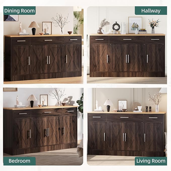 Shintenchi Sideboard Buffet Cabinet with Storage,53.4" Large Kitchen Buffet Storage Cabinet with 3 Drawers and 4 Doors,Wood Farmhouse Sideboard with Adjustable Shelf for Kitchen, Living Room,Brown