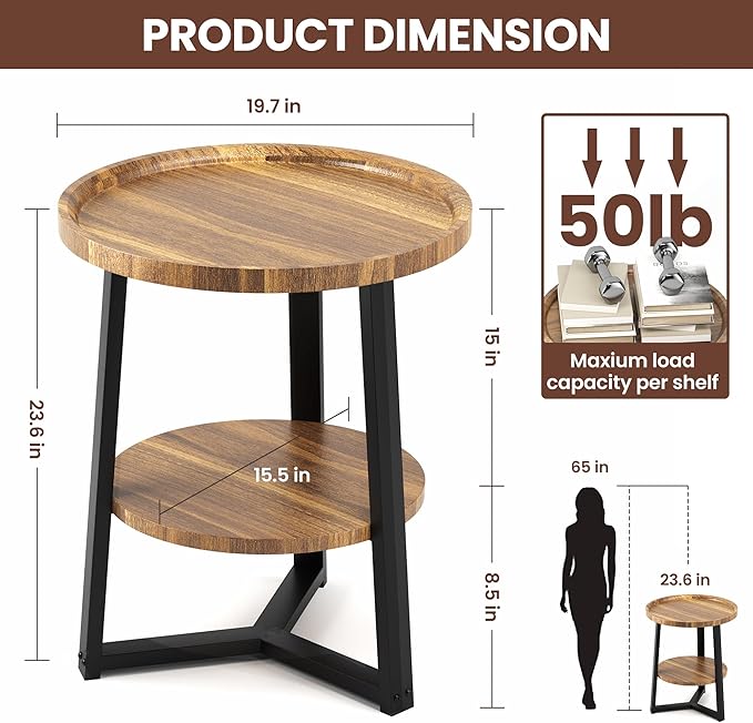 PPAMAPIC Round End Table, 2 Tier Side Table with Storage Shelf, Nightstand Accent Table for Living Room Bedroom Small Space, Black Metal Frame, 19.7" D x 23.6" H, Rustic Brown
