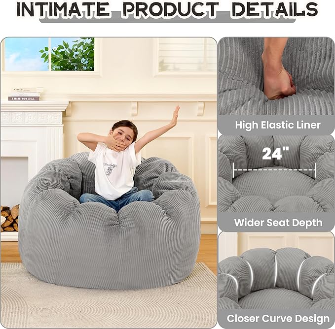 HABUTWAY Giant Bean Bag Chair for Adults/Kids/Teens, Pumpkin Bean Bag Couch Comfy Reading Chair for Bedroom, Corduroy Lazy Sofa Loughe Chair with Wider Seat Depth & Non-Slip Bottom(Grey)