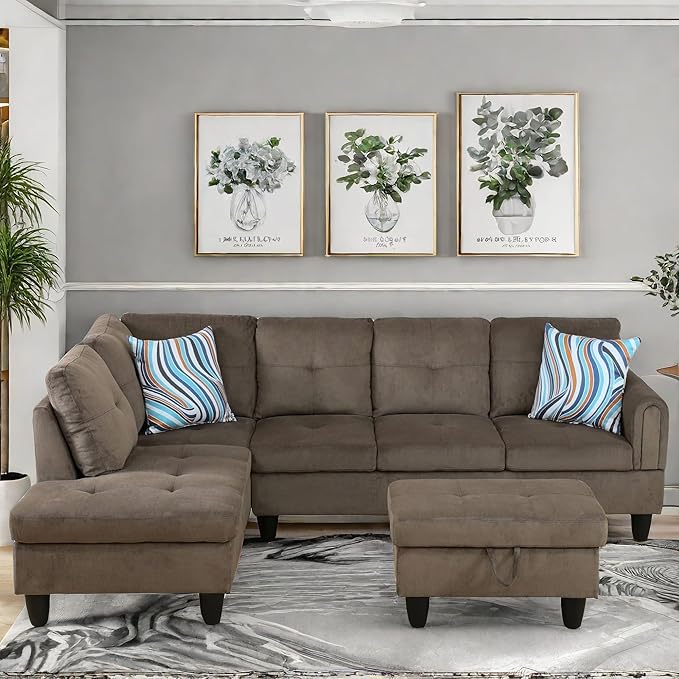 Convertible Sectional Couch, Large L Shaped Couch with Storage, Modern Modular 5-Seat Sectional Sofa with Ottomans for Living Room and Office, Brown
