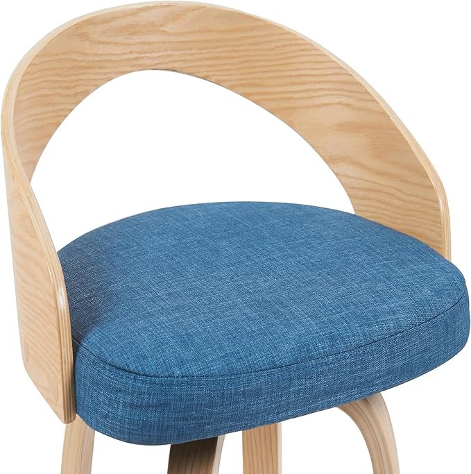 Sonia Modern Swivel Bar Height Stool with Blue Upholstered Seat and Patterned Oak Wood Finish Set of 2