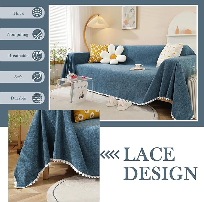 HANDONTIME Blue Sectional Couch Covers Easy Fitted Sofa Covers for 3 Cushion Couch Universal Chenille Sofa Cover Durable Furniture Protector with Floral Lace Bottom for Kids Dogs Pets, 71" X150"