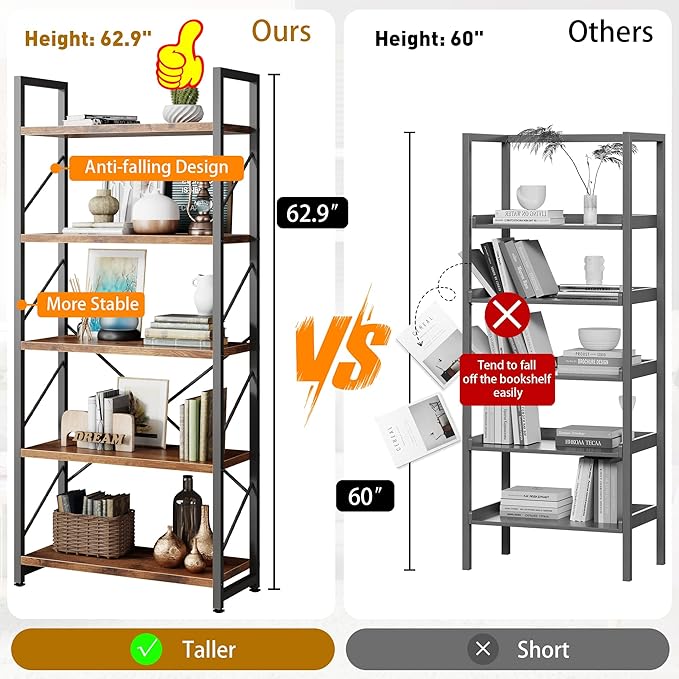 Bookshelf, 5 Tier Bookshelves, Home Office Bookcase Shelf Storage Organizer, Free Standing Storage Shelving Unit for Bedroom, Living Room and Home Office,Rustic Brown