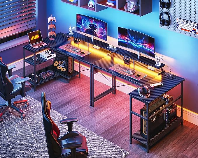 ODK 48 Inch Gaming Desk with USB Charging Ports and LED Lights, Reversible L Shaped Computer Desk with Storage Shelves & Monitor Stand, Corner Gamer Desk Table with Power Outlets, Black