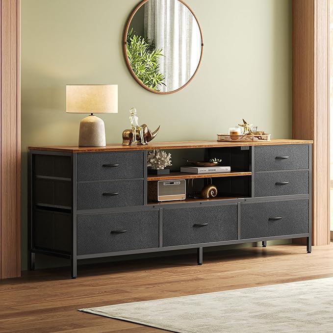 Huuger TV Stand Dresser with Power Outlets and LED Lights, 7 Drawers Entertainment Center for 60 Inch TV, TV Console with Open Shelf, 55 Inches Wide Fabric Dresser, PU Leather, Rustic Brown and Black