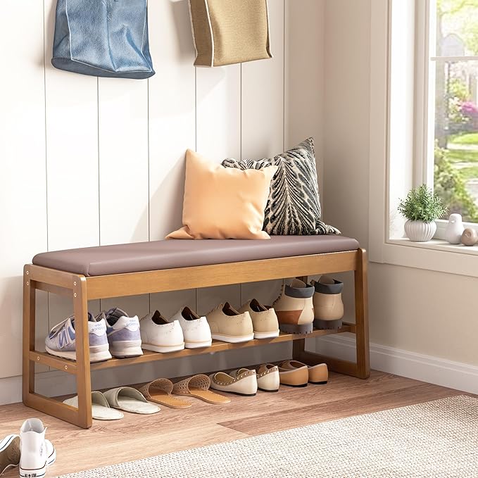 Shoe Storage Bench with Cushion - 2-Tier Shoe Rack Entryway Bench with Flip-Top Storage, Walnut Wooden Shoes Benches Organizer for Entryway, Hallway, Living Room, Bedroom, Closet(Walnut, 39.4" W)