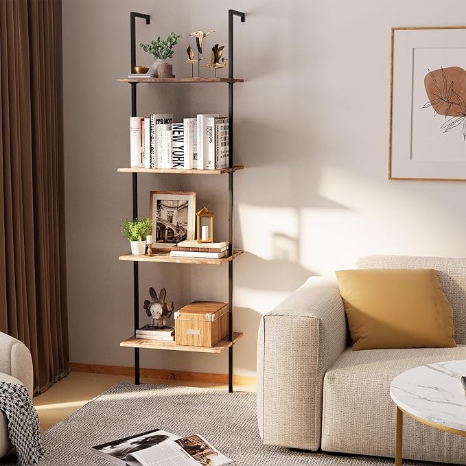 Ladder Shelf 4 Tiers Metal Industrial Bookshelf,Brown Wood Tall Open Storage Rack and Display Shelves,Wall Mount Wide Book Case for Home Office Bedroom,Small