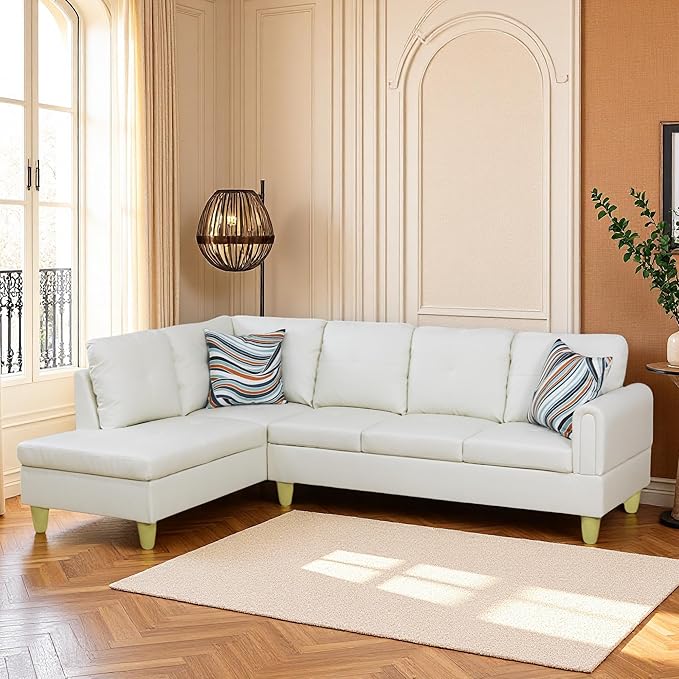 L Shaped Couch Sectional Couches with Chaise, 3 Pieces Modular Convertible Sofa for Living Room Furniture Sets and Small Apartment Faux Leather, White