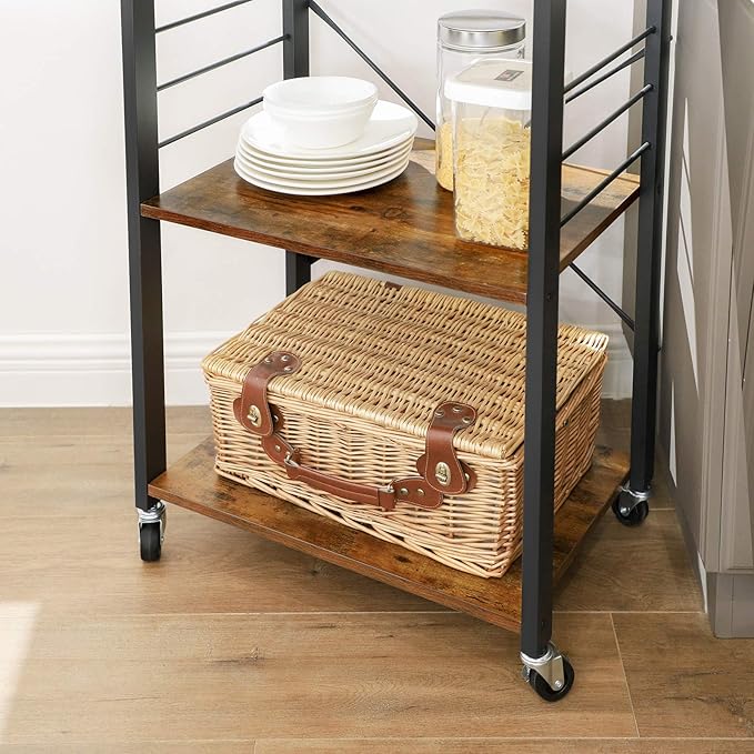 VASAGLE Kitchen Shelf on Wheels, Serving Cart with 3 Shelves, Kitchen Cart, Microwave Shelf, for Mini Oven, Toaster, with 6 Hooks, Industrial Style, Rustic Brown and Black UKKS60XV1