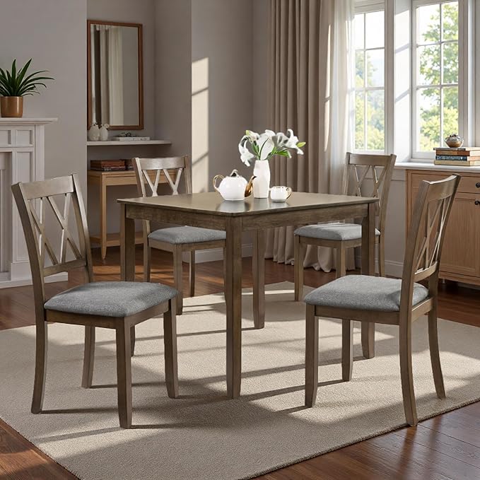 Dining Table Set, Wooden Kitchen Table Set with Square Table, 4 Vertical X Backrest Upholstered Chairs, Table and Chairs with Non-Slip Feetmats for 4 People, Living Room and Kitchen, Walnut