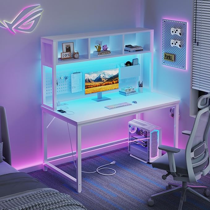 White Computer Desk with Hutch and Pegboard - Computer Desk with Power Outlets, 47 Inch Modern Study Teen Desk with Pegboard Storage Bag, Hooks and Side Bag,Writing Desk for Bedroom Home Office