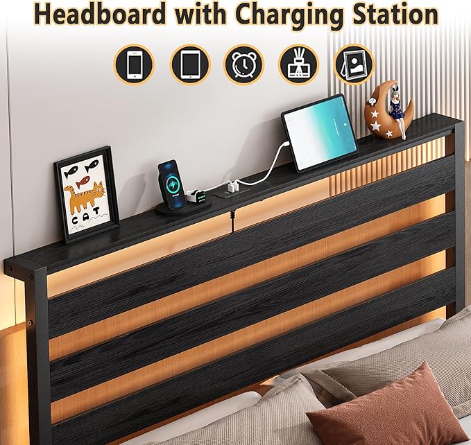 14 Inch Classic Metal Platform Bed Frame-Twin Bed Frame with Headboard,Steel Slats Support-LED Bed Frame with USB Charging Station,Under Bed Storage,No Box Spring Needed,Noise Free