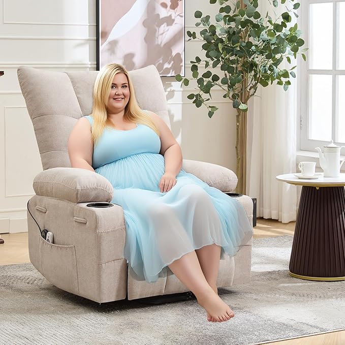 GarveeHome Power Lift Recliner Chair for Elderly with Massage and Heat, Oversized Electric Massage & Heat Recliner with Soft Padded Upholstery, Side Pocket & Cup Holders for Living Room, Beige