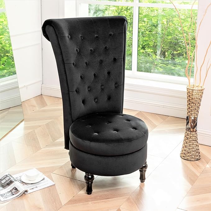 Container Furniture Direct Royal High-Back Velvet Accent Chair for Vanity with Storage and Luxurious Upholstery, Retro Design and Versatile Usage for Living Room, Bedroom, Lounge and Office, Black