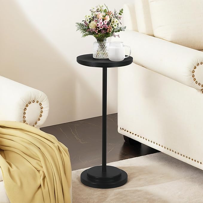 Drink Table Set of 2, Small Round Pedestal Side Table with Carved Top for Living Room, Bedroom, Small Space, Corners and Office, Black