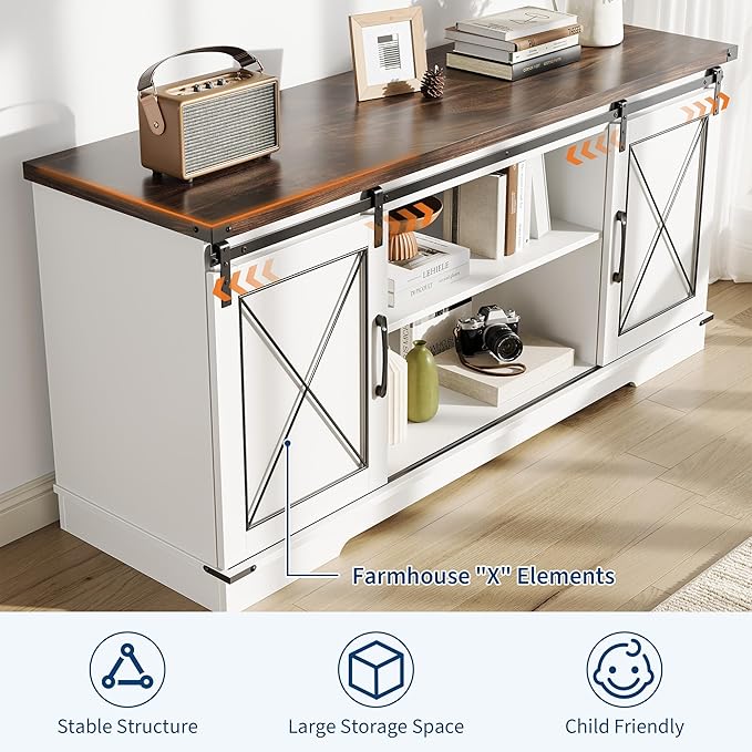 IDEALHOUSE Farmhouse TV Stand and Entertainment Center for Tv up to 65 inches with Sliding Barn Doors, Tv Media Console Table with Storage Cabinet for Living Room, White & Brown