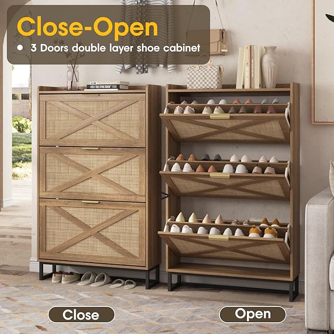 Maupvit Shoe Storage Cabinet with 3 Rattan Flip Drawers, Freestanding Organizer with Metal Legs for Entryway, Narrow Shoe Rack Cabinet, Hidden Golden Handles, Rustic Oak Rattan