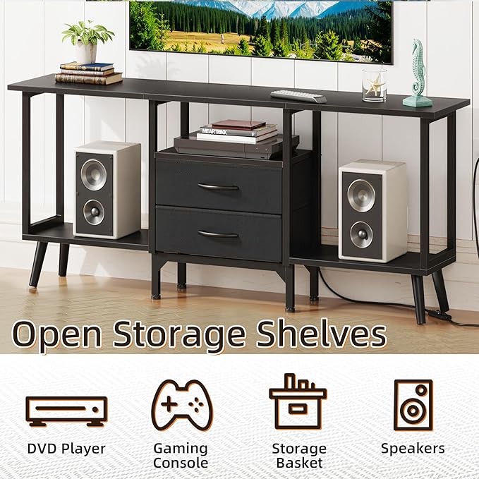 Small TV Stand with Fabric Drawers/LED Light for 55 inch TV, Entertainment Center with Storage Open Shelves，Media Console Table for Living Room, Bedroom, Black